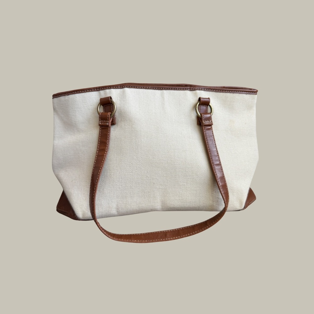 Coldwater Creek Canvas Tote Bag Brown Faux Leather Trim Cream Shoulder Bag